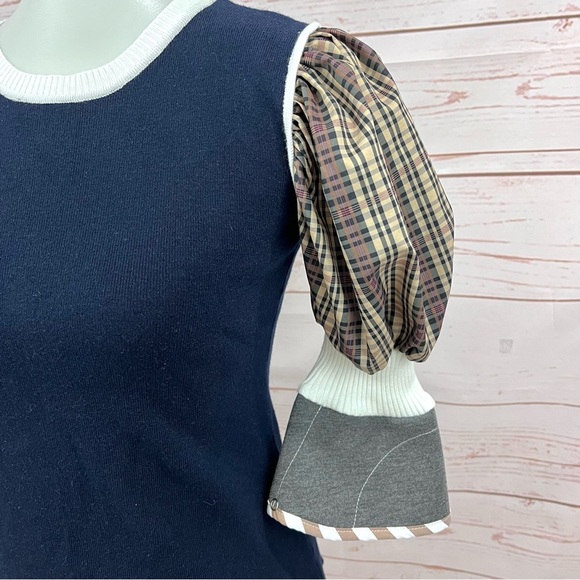 Modcloth Madras Plaid Colorblock Puff Sleeve Sweater - Picture 3 of 9
